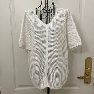 Liz Claiborne White V- Neck Short Sleeve Crochet Open Knit Sweater Size Medium